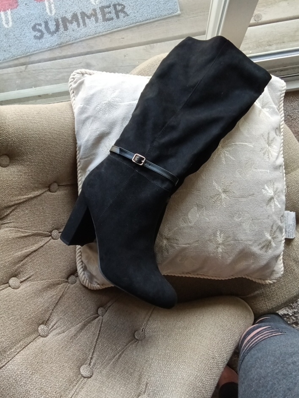Lauren Conrad 10. Black Suede Knee-High Block Heel Boots with Buckle